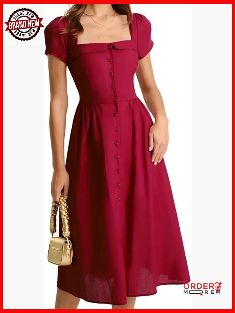 Short Sleeve Puff Square Neck A-Line Midi Dress Cotton Linen